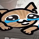 A cartoon tabby cat with large eyes shedding bright blue tears while resting its chin on a ledge.