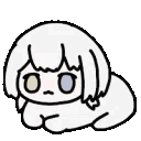 A small white blob character with a bob haircut and mismatched eyes spinning in a continuous loop.