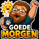 A bearded man with glasses smiling and raising his fist in the air while holding a blue coffee mug next to a smiling sun.
