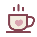 A brown coffee cup with a pink heart on the front and steam rising from the top.