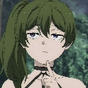 Anime girl with green hair and a bored expression holding a finger to her chin in thought.