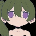 Anime girl with green hair and purple eyes giving a flat, unimpressed stare.