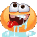 A bright orange smiley face with wide, bulging eyes, a gaping mouth, a red tongue sticking out, and blue drool dripping down.