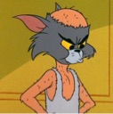 A cartoon cat with a bald head and gray fur looking annoyed with its hands on its hips.