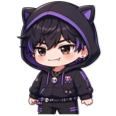 A chibi boy with a smug expression wearing a black hoodie with purple cat ears.