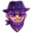 A man wearing a purple fedora, bandana, and futuristic sunglasses with a confident, smug grin.