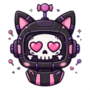 A stylized robot cat skull with pink heart-shaped eyes and black armor plating.