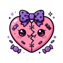 A pink heart with a purple bow and a stitched line down the middle, displaying a cute, mischievous smile with tiny fangs.