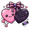 Two cute hearts, one pink and one black, joined together by a pink bow with small candies nearby.