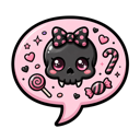 A black kawaii skull with a polka-dot bow inside a pink speech bubble surrounded by hearts and candy.
