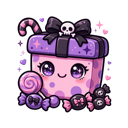 A pink and purple gift box with a happy kawaii face and a black bow with a skull, surrounded by various candies.
