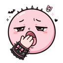 A round pink character yawning with a bored expression while wearing a black gothic-style wrist cuff with pink bows.