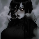 Anime girl with long black hair and glowing eyes looking intensely at the viewer.