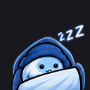 A small blue creature wearing a beanie and tucked under a white blanket with zzz symbols floating above it.