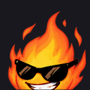 A cartoon flame wearing black sunglasses with a wide, mischievous grin.
