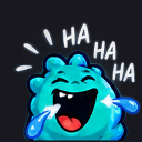 A blue blob creature laughing with its mouth wide open and tears streaming down its face with the text HA HA HA above it.