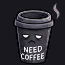 Coffee cup with a grumpy, tired face and steam rising from the top.