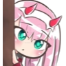 Anime girl with pink hair and horns peeking from behind a wall with a suspicious expression.