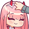 Zero Two with pink hair and red horns smiling while receiving a gentle headpat from a hand.