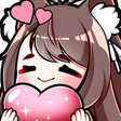 Anime girl with animal ears smiling with closed eyes while holding a large pink sparkling heart.