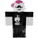 Roblox avatar character wearing a pink cap and a black graphic t-shirt.