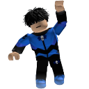 A Roblox avatar with black hair and a blue outfit leaning against a surface with a relaxed pose.