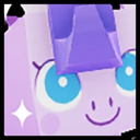A stylized purple creature with large blue eyes and a happy smile, featuring a small white sparkle.