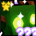 A blocky green creature with glowing eyes and stars, featuring a large purple question mark overlay.