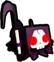 A blocky, purple-hooded grim reaper with a white skull face and glowing red eyes holding a scythe.