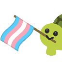 A small green creature with a simple face holds a stick with a blue, pink, and white flag attached.