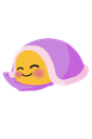 A yellow face with closed eyes and a gentle smile, tucked snugly under a purple blanket.