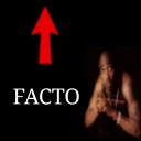 Tupac Shakur with a red upward-pointing arrow and the word FACTO on a black background.
