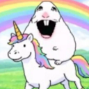 A wide-eyed white Beluga cat with a large open mouth riding a white unicorn with a rainbow mane and horn in front of a rainb…