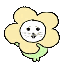 Four identical cartoon creatures with human faces inside yellow flower petals smiling.
