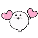 A round white creature with a happy expression waving pink hearts like pom-poms.