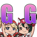 Two anime girls holding up large purple letter Gs to spell GG.
