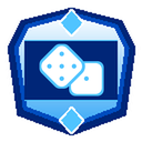 Two white dice on a dark blue shield background with light blue accents.