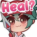 Anime girl with a mischievous smile holding a kunai with the word Heal? written in pink text above her head.