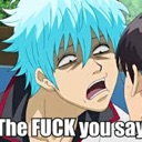 Anime character with blue hair making an exaggerated, shocked, and confused facial expression.