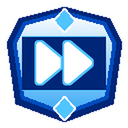 A blue shield-shaped button containing two white arrows pointing to the right.