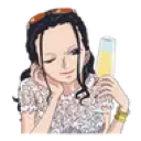 Anime woman with dark hair holding a glass of champagne and smiling softly.
