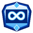 Infinity symbol centered inside a blue shield badge with diamond accents.