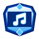 Music note inside a blue shield badge pulsing rhythmically.