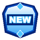 Badge icon colored blue and white with the word NEW centered inside.