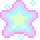 Two colorful pixelated stars surrounded by small sparkling icons.