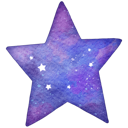 A five-pointed star filled with a swirling purple and blue nebula pattern and small white stars.