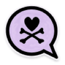 A light purple speech bubble containing a black heart symbol resting on top of two crossed bones.