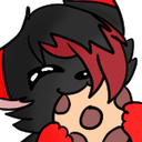 A black creature with red hair happily eating a chocolate chip cookie.