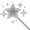 Magic wand with a star head surrounded by shimmering sparkles in a pixel art style.
