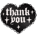 Three black hearts with lace edges and sparkling stars containing the text thank you in a gothic font.